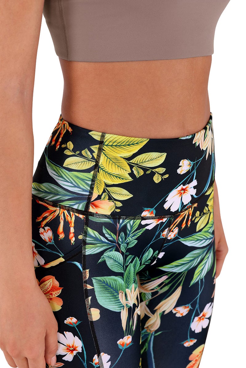 ODODOS Women's High Waisted Printed Yoga Capris with Pocket, Tummy Control Non See Through Workout Sports Running Athletic Capri Leggings, Tropical Flower, Large - Image 2